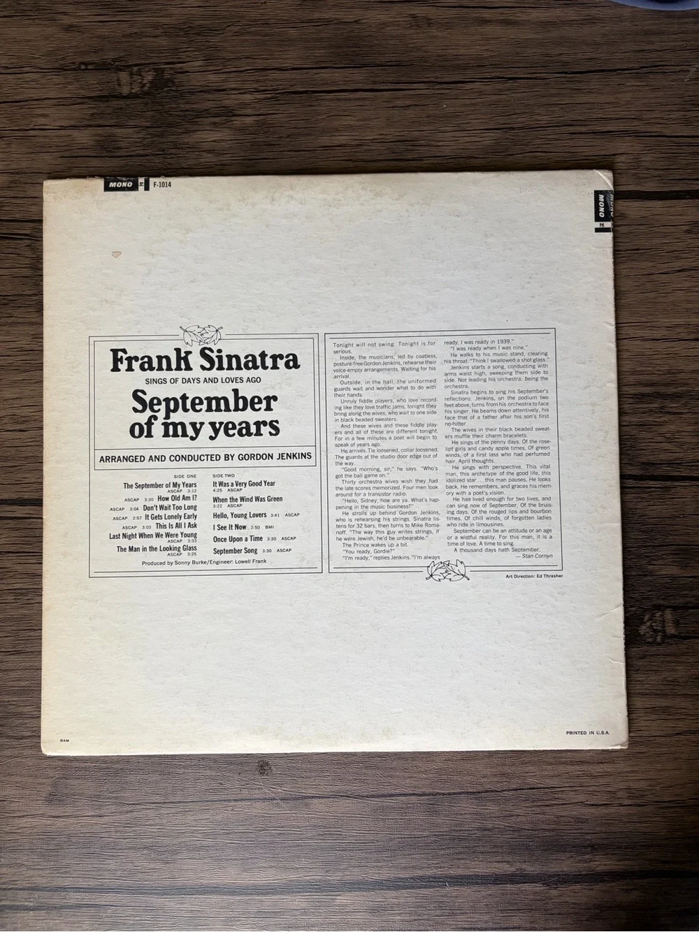 Frank Sinatra September of My Years Vinyl Record LP Album 1965 Album Vintage